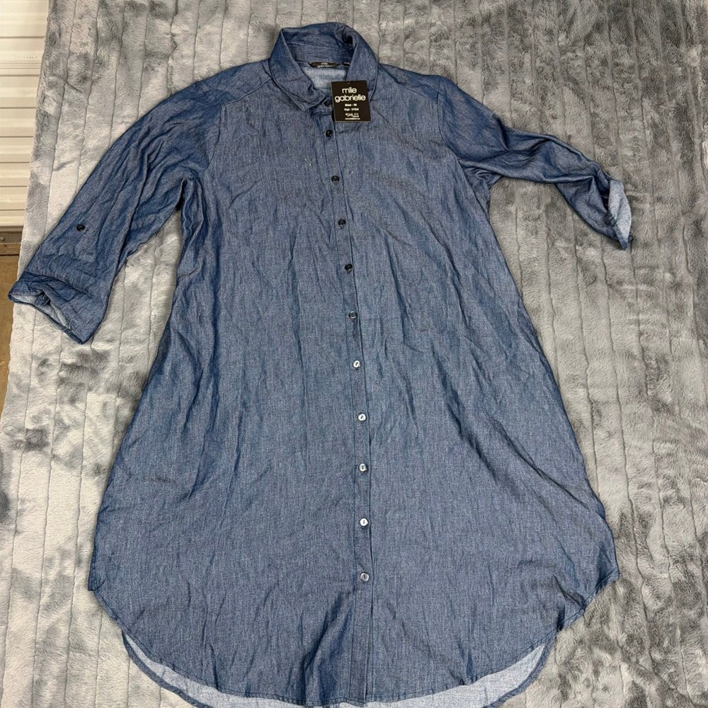 Mlle Gabrielle Womens Blue Denim Look Shirt Dress 1X Plus NWT 57506